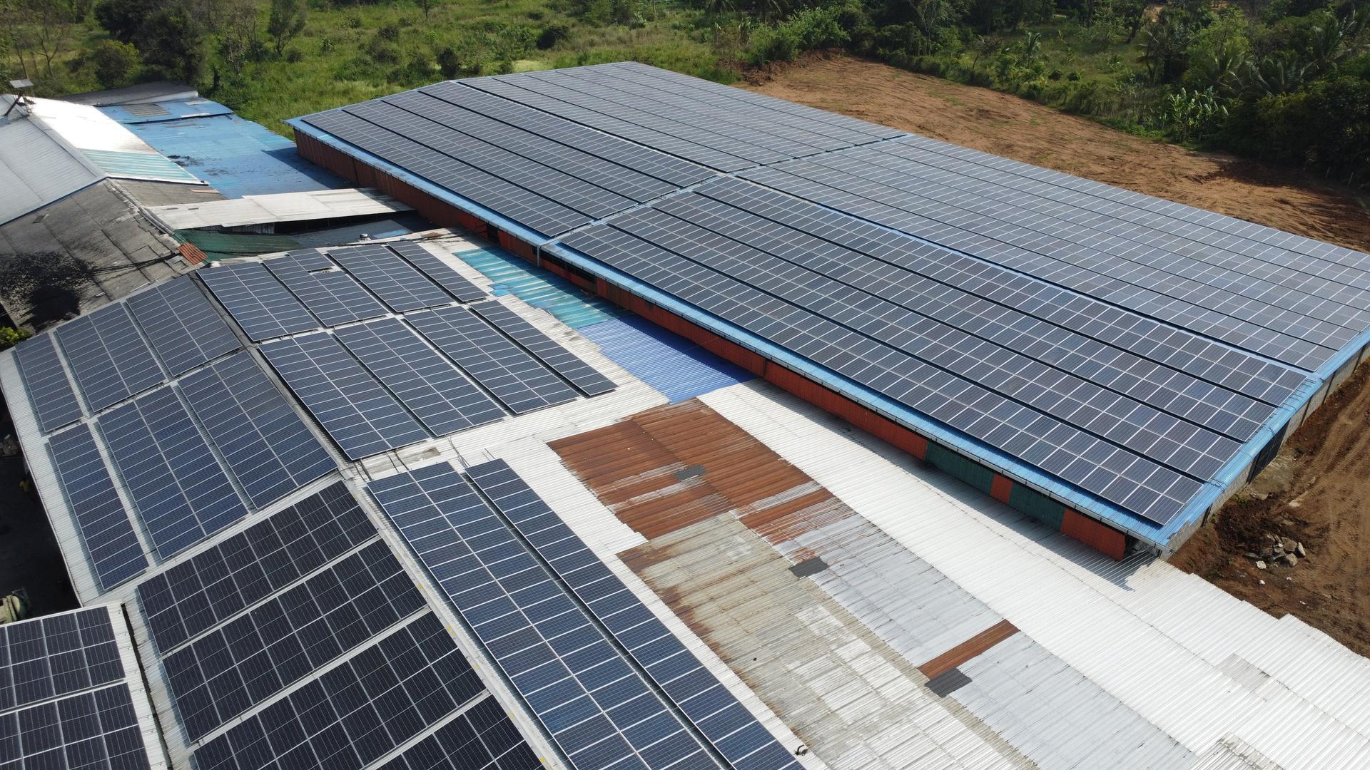 Aerial view of neighbourhood with solar rooftops